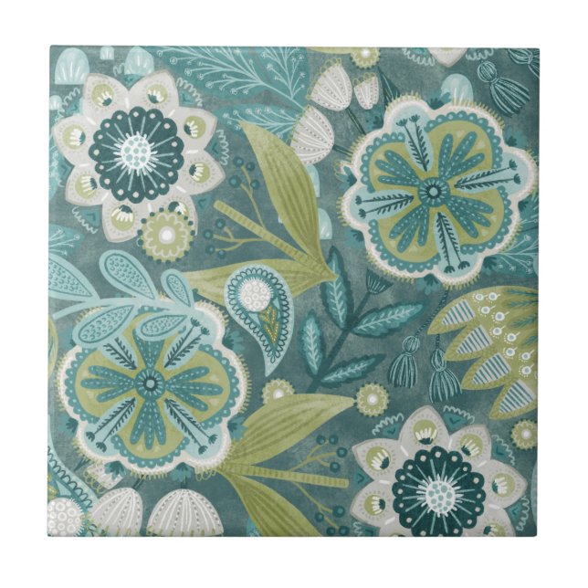 Carreau Motif botanique bohème floral sarcelle (Devant)