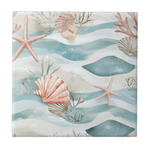 Carreau Motif botanique côtier aqua corail
