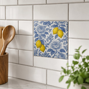 Carreau Motif botanique de citron bleu vintage