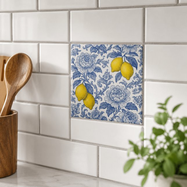 Carreau Motif botanique de citron bleu vintage (Créateur téléchargé)