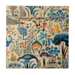 Carreau Motif botanique d'oiseaux exotiques de Chinoiserie
