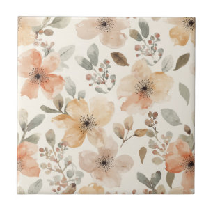 Carreau Motif botanique floral aquarelle pêche beige