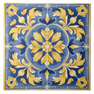 Carreau Motif botanique méditerranéen - Bleu et Jaune