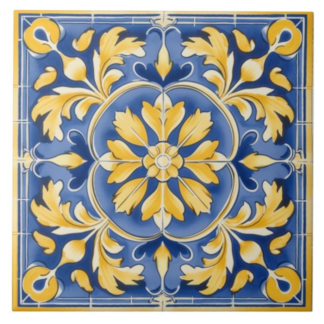 Carreau Motif botanique méditerranéen - Bleu et Jaune (Devant)
