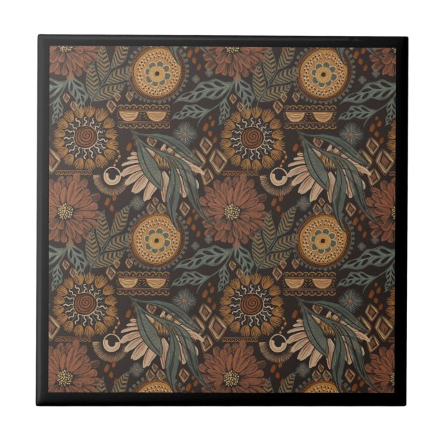 Carreau Motif botanique terracotta sage boho foncé (Devant)