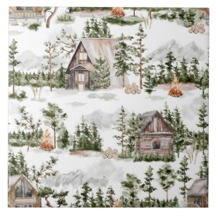 Carreau Motif Cabine de forêt aquarelle