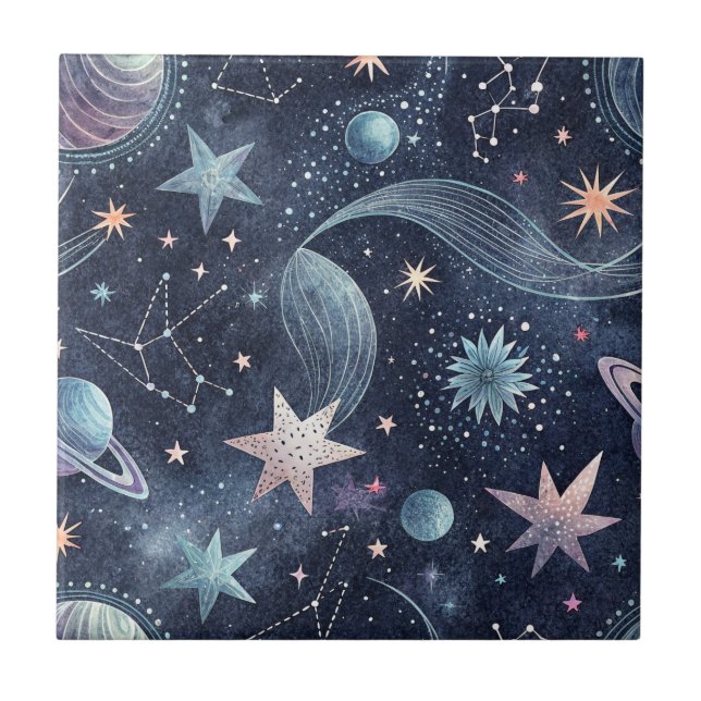 Carreau Motif céleste abstrait de planètes et d'étoiles da (Devant)