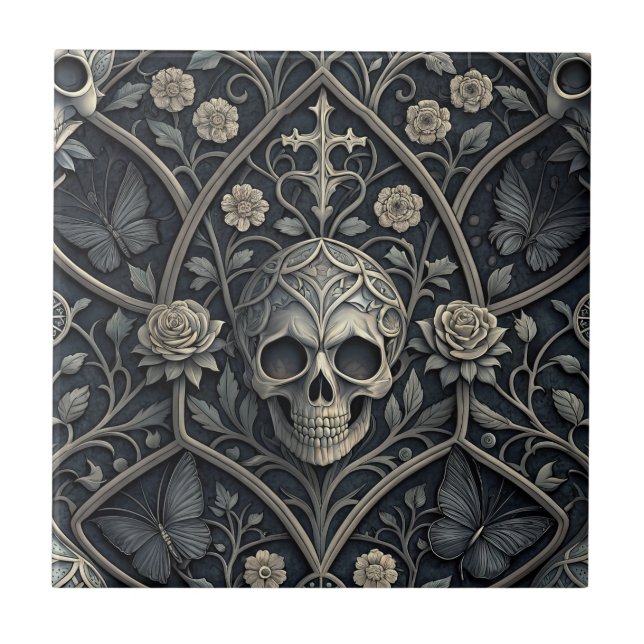 Carreau Motif céleste floral crâne gothique (2) (Devant)