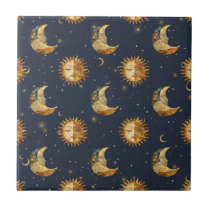 Carreau Motif Céleste Soleil & Lune Nuit Étoilée Or (1)
