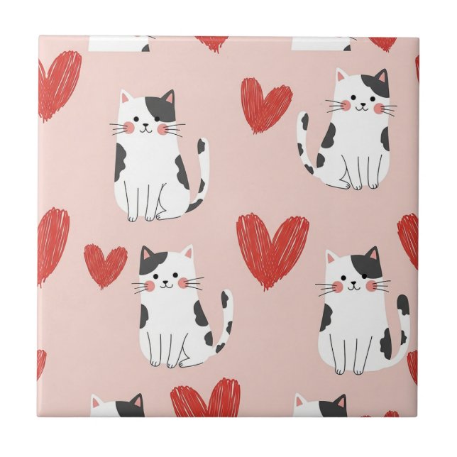 Carreau Motif Chats Kawaii Rose et Cœurs (2) (Devant)