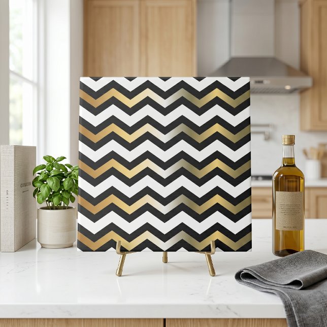 Carreau Motif Chevron en or moderne noir et blanc Zigzag (Créateur téléchargé)