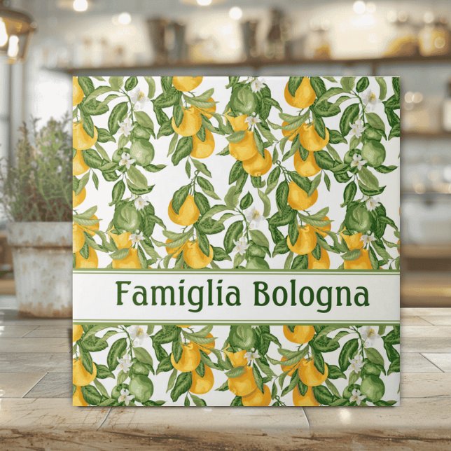 Carreau Motif Citron Personnalisé (Personalized Lemons and leaves on white ceramic tile Italian wedding housewarming gift)