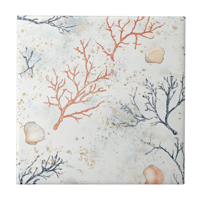 Carreau Motif corail côtier à l'aquarelle Boho Luxe (2) (Devant)