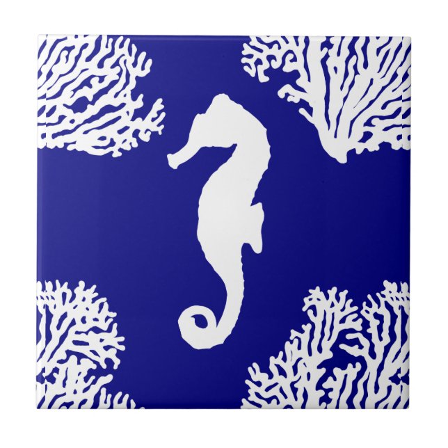 Carreau Motif côtier de marine et d'hippocampe blanc (Devant)
