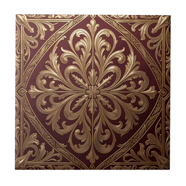 Carreau Motif d'acanthe doré orné Baroque rouge profond (Devant)