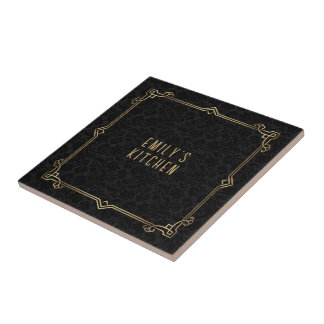 Carreau Motif Damas Noir, Cadre Art Déco, Texte Personnali