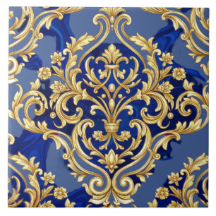 Carreau Motif damassé baroque bleu royal et or