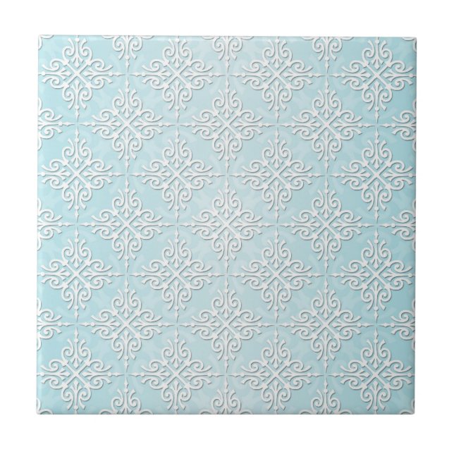 Carreau Motif damassé bleu sarcelle pastel et blanc (Devant)