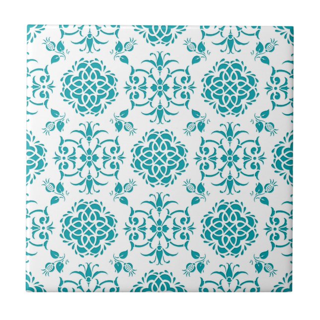 Carreau Motif damassé floral aqua et blanc (Devant)