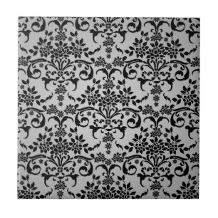 Carreau Motif damassé floral blanc et argenté noir