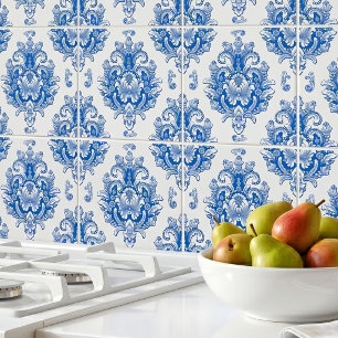 Carreau Motif damassé méditerranéen bleu blanc élégant