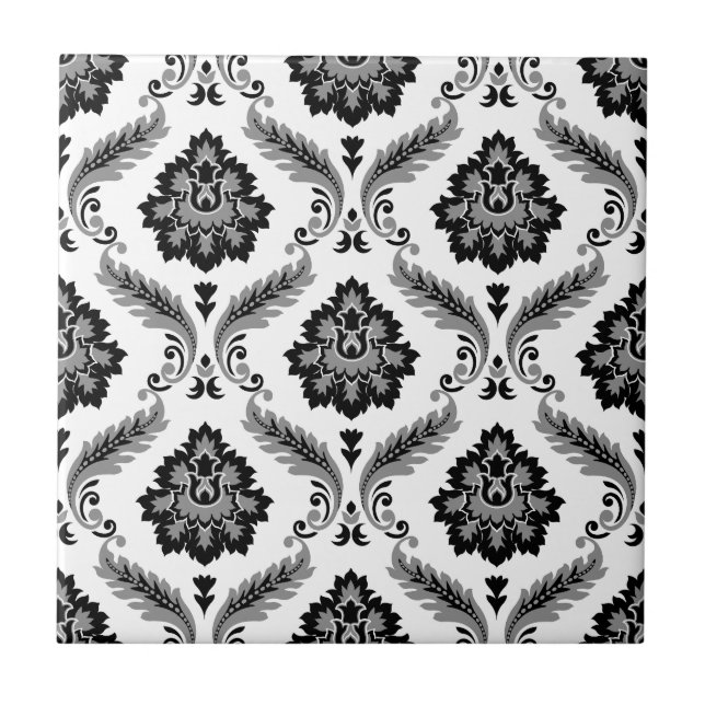 Carreau Motif Damassé Rococo Gris Noir Blanc (Devant)