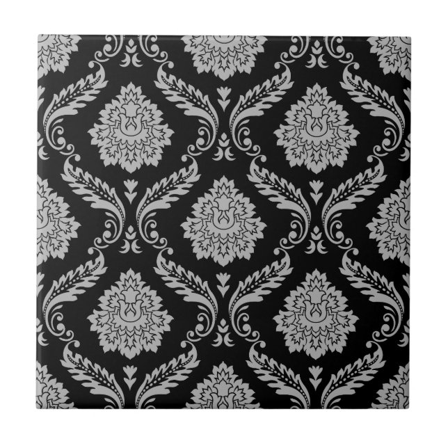 Carreau Motif Damassé Rococo Gris sur Fond Noir (Devant)