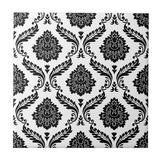 Carreau Motif Damassé Rococo Noir sur Blanc (Devant)