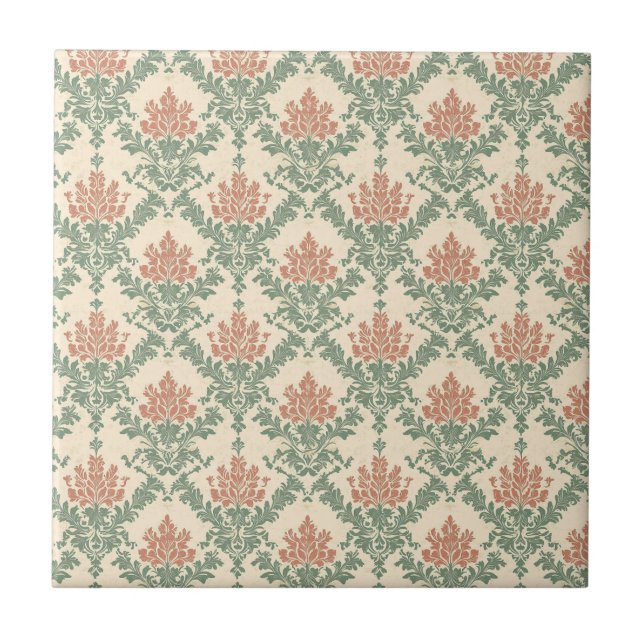 Carreau Motif damassé vintage rouge vert (Devant)