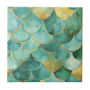 Carreau Motif d'aquarelle Gold Aqua Mermaid