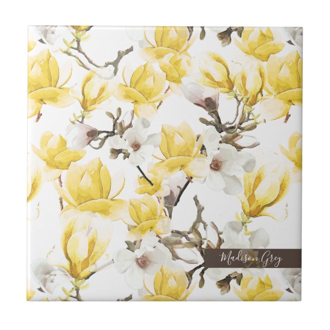 Carreau Motif d'aquarelle jaune et blanc Magnolia Blossom (Devant)