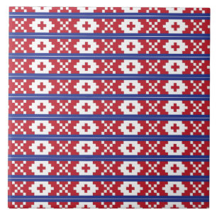 Carreau Motif d'art populaire tribal rouge, bleu et blanc