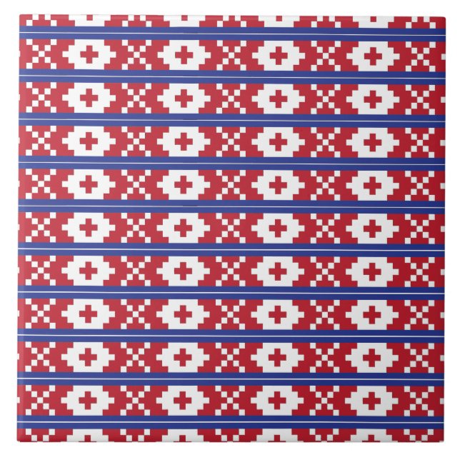 Carreau Motif d'art populaire tribal rouge, bleu et blanc (Devant)