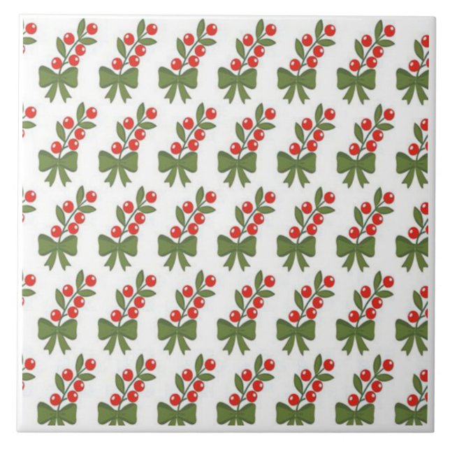Carreau Motif de baies de houx de Noël et de nœud vert (Devant)