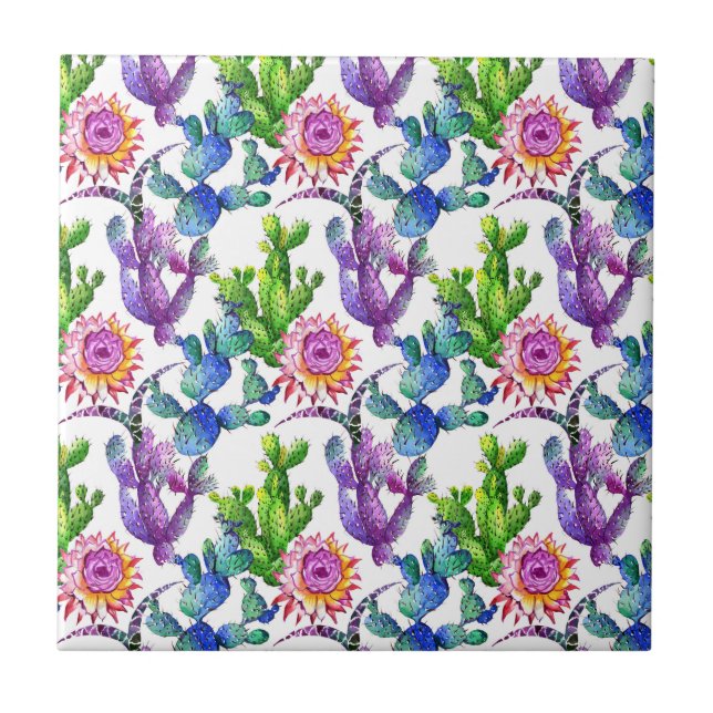 Carreau Motif de cactus de fleur sauvage d'aquarelle (Devant)