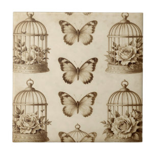 Carreau Motif de cage à oiseaux papillon Rose sépia vintag