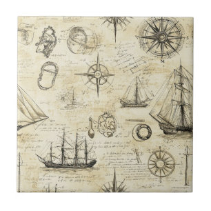 Carreau Motif de carte nautique vintage avec navires et bo