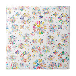 Carreau Motif de cercles de fleurs colorées sur fond blanc