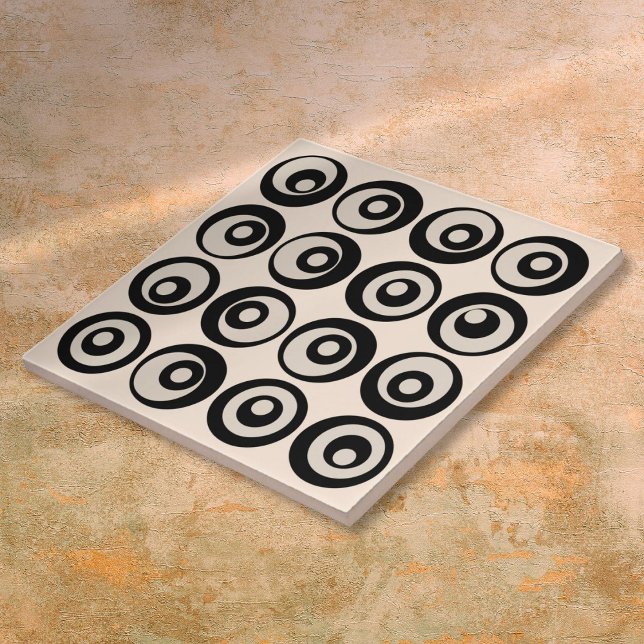 Carreau Motif de cercles noir et crème de milieu de siècle (Modern Mid Century Black And Cream Circles Pattern Ceramic Tile)