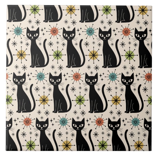Carreau Motif de chat atomique moderne du milieu du siècle (Devant)