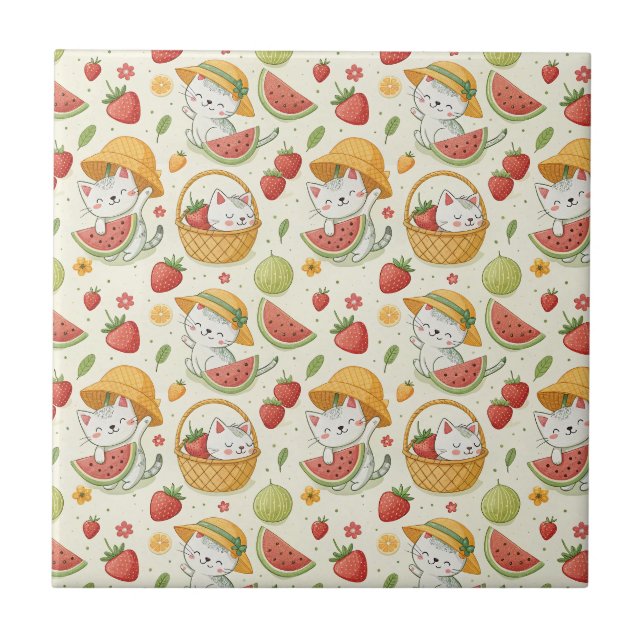 Carreau Motif de chat aux fruits d'été - Conception de piq (Devant)