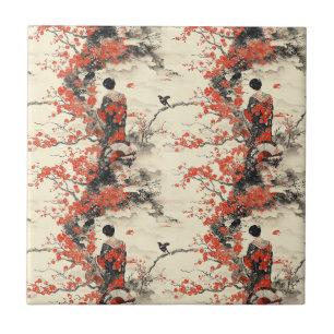 Carreau Motif de couple de kimono romantique Sakura (2)