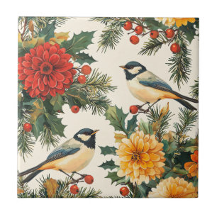 Carreau Motif de crème de Noël de mésange de dahlia cramoi