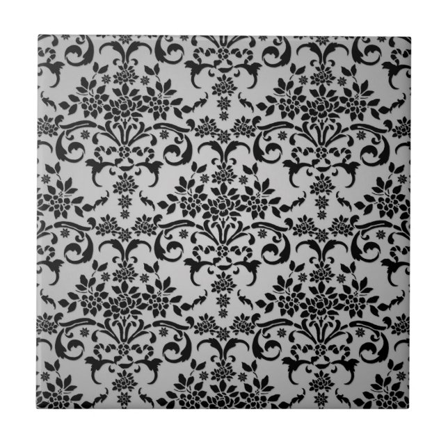 Carreau Motif de Damas florales noir et blanc argenté (Devant)