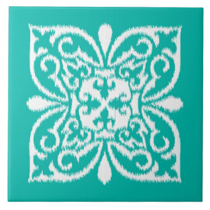 Carreau Motif de damassé d'Ikat - turquoise et blanc