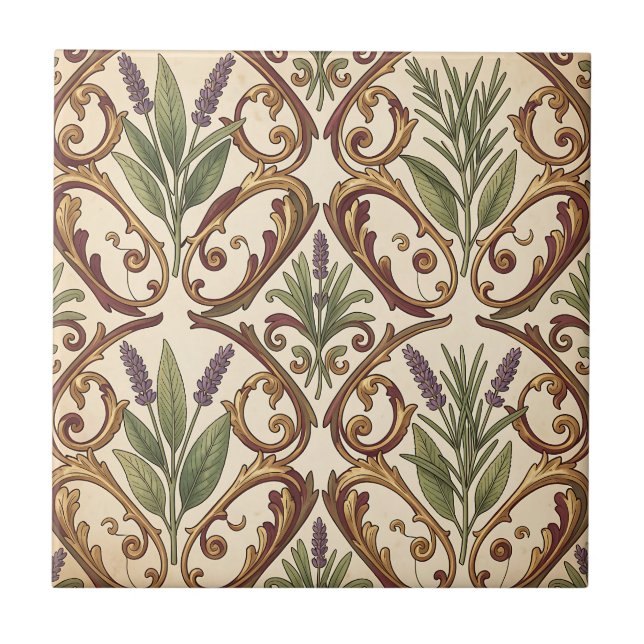 Carreau Motif de défilement or et lavande Romarin  (Devant)
