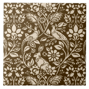 Carreau Motif de faisan et lièvre, Brown et beige