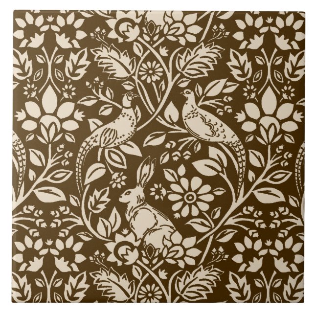 Carreau Motif de faisan et lièvre, Brown et beige (Devant)