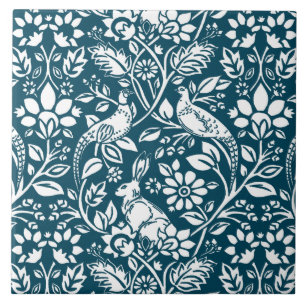 Carreau Motif de faisan et lièvre, Indigo Blue & White