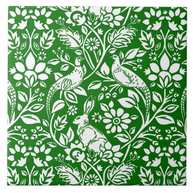 Carreau Motif de faisan et lièvre, vert émeraude et blanc (Devant)